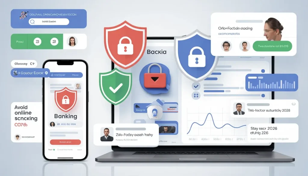 online banking security illustration showing phishing scams and cyber threats being blocked in 2026