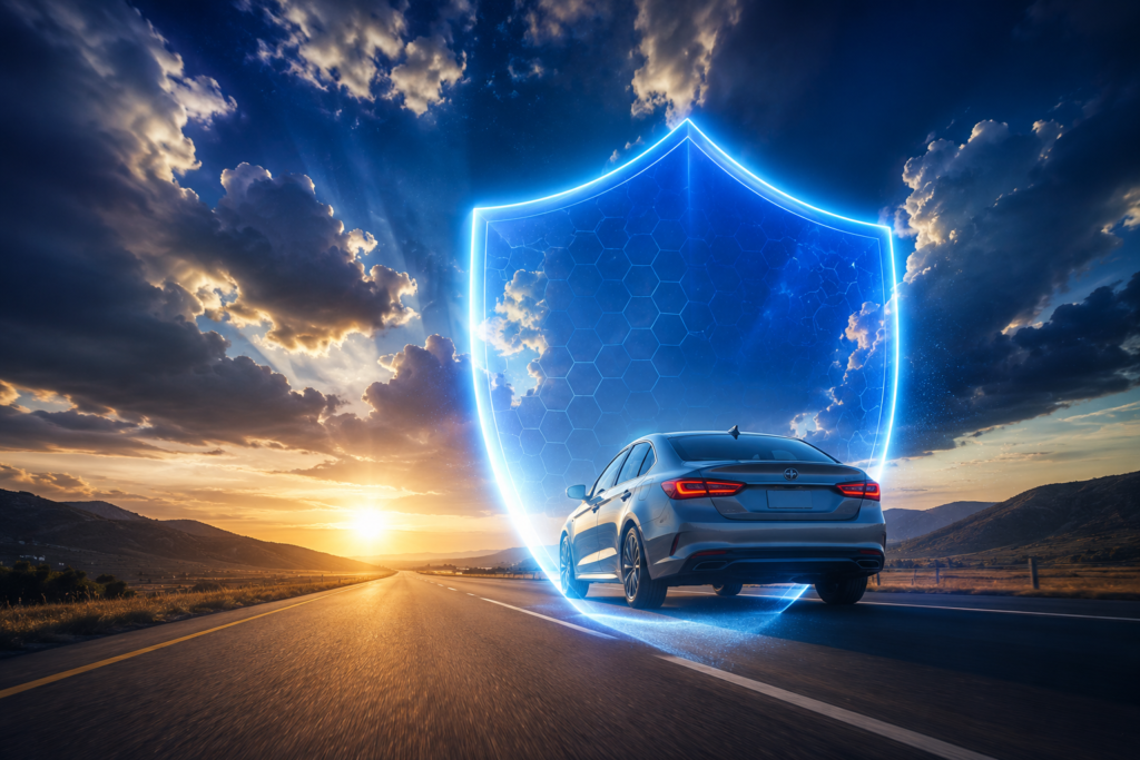 Glowing blue protective shield hovering over a silver car on an American highway